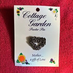 Pewter Heart Shaped Pin - Cottage Garden- Pewter Silver Tone - Mother Gift